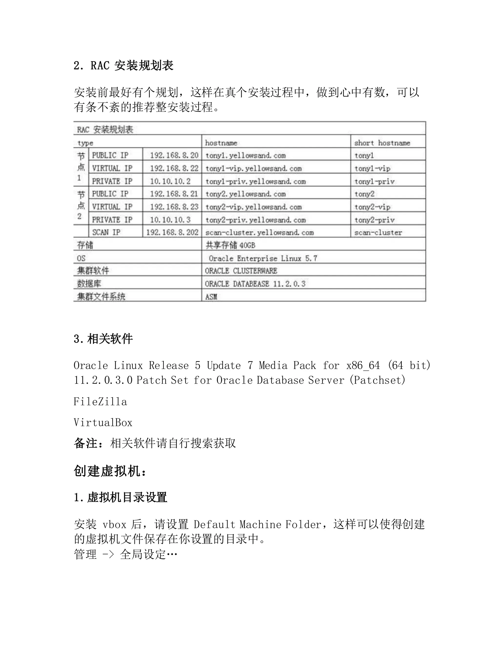 2. RAC 安装规划表
安装前最好有个规划，这样在真个安装过程中，做到心中有数，可以
有条不紊的推荐整安装过程。
3.相关软件
Oracle Linux Release 5 Update 7 Media Pack for x86_64 (64 bit)
11.2.0.3.0 Patch Set for Oracle Database Server (Patchset)
FileZilla
VirtualBox
备注：相关软件请自行搜索获取
创建虚拟机：
1.虚拟机目录设置
安装 vbox 后，请设置 Default Machine Folder，这样可以使得创建
的虚拟机文件保存在你设置的目录中。
管理 -> 全局设定…
 