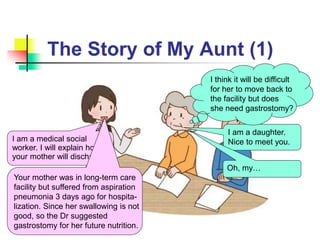 The Story of My Aunt (1)
I am a medical social
worker. I will explain how
your mother will discharge
I am a daughter.
Nice to meet you.
Your mother was in long-term care
facility but suffered from aspiration
pneumonia 3 days ago for hospita-
lization. Since her swallowing is not
good, so the Dr suggested
gastrostomy for her future nutrition.
Oh, my…
I think it will be difficult
for her to move back to
the facility but does
she need gastrostomy?
 