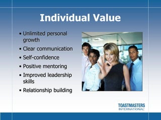 Individual Value Unlimited personal growth Clear communication Self-confidence Positive mentoring Improved leadership skills Relationship building 