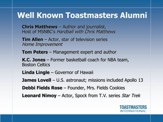 Well Known Toastmasters Alumni Chris Matthews  – Author and journalist, Host of MSNBC’s  Hardball with Chris Matthews Tim Allen  –   Actor, star of television series  Home Improvement Tom Peters  – Management expert and author K.C. Jones  –   Former basketball coach for NBA team,  Boston Celtics Linda Lingle  – Governor of Hawaii James Lovell  – U.S. astronaut; missions included Apollo 13  Debbi Fields Rose  – Founder, Mrs. Fields Cookies Leonard Nimoy  – Actor, Spock from T.V. series  Star Trek 