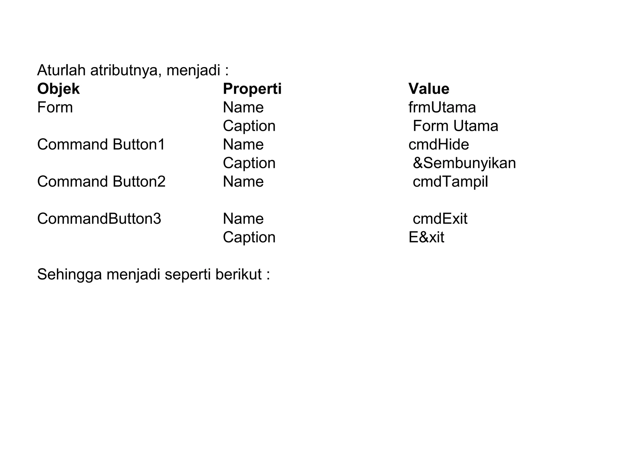 Aturlah atributnya, menjadi :
Objek Properti Value
Form Name frmUtama
Caption Form Utama
Command Button1 Name cmdHide
Caption &Sembunyikan
Command Button2 Name cmdTampil
CommandButton3 Name cmdExit
Caption E&xit
Sehingga menjadi seperti berikut :
 