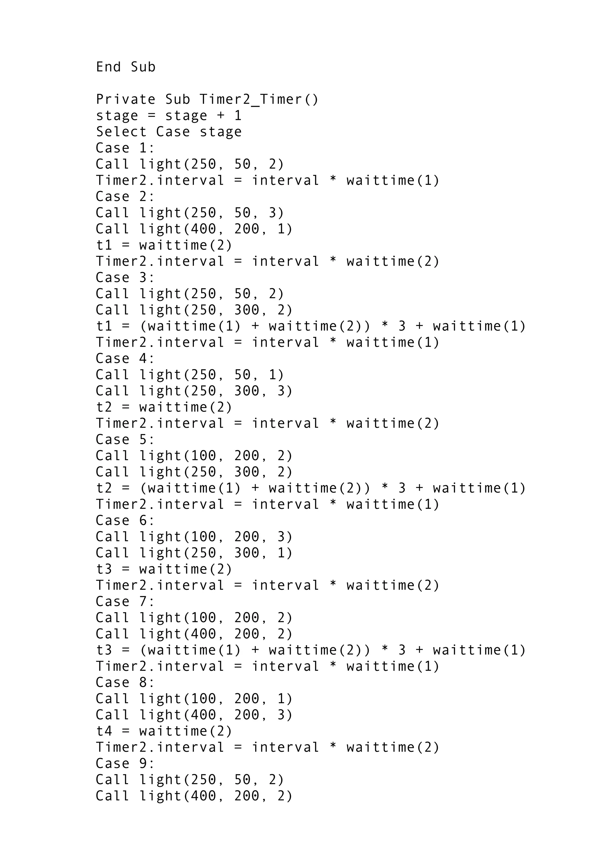 End Sub
Private Sub Timer2_Timer()
stage = stage + 1
Select Case stage
Case 1:
Call light(250, 50, 2)
Timer2.interval = interval * waittime(1)
Case 2:
Call light(250, 50, 3)
Call light(400, 200, 1)
t1 = waittime(2)
Timer2.interval = interval * waittime(2)
Case 3:
Call light(250, 50, 2)
Call light(250, 300, 2)
t1 = (waittime(1) + waittime(2)) * 3 + waittime(1)
Timer2.interval = interval * waittime(1)
Case 4:
Call light(250, 50, 1)
Call light(250, 300, 3)
t2 = waittime(2)
Timer2.interval = interval * waittime(2)
Case 5:
Call light(100, 200, 2)
Call light(250, 300, 2)
t2 = (waittime(1) + waittime(2)) * 3 + waittime(1)
Timer2.interval = interval * waittime(1)
Case 6:
Call light(100, 200, 3)
Call light(250, 300, 1)
t3 = waittime(2)
Timer2.interval = interval * waittime(2)
Case 7:
Call light(100, 200, 2)
Call light(400, 200, 2)
t3 = (waittime(1) + waittime(2)) * 3 + waittime(1)
Timer2.interval = interval * waittime(1)
Case 8:
Call light(100, 200, 1)
Call light(400, 200, 3)
t4 = waittime(2)
Timer2.interval = interval * waittime(2)
Case 9:
Call light(250, 50, 2)
Call light(400, 200, 2)
 
