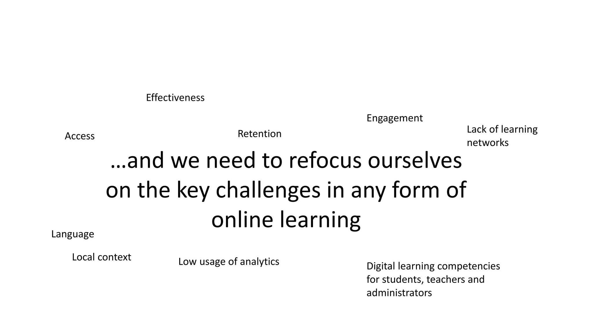 …and we need to refocus ourselves
on the key challenges in any form of
online learning
Access
Language
Retention
Engagement
Low usage of analytics Digital learning competencies
for students, teachers and
administrators
Effectiveness
Local context
Lack of learning
networks
 