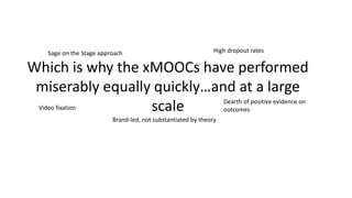 Which is why the xMOOCs have performed
miserably equally quickly…and at a large
scale
High dropout ratesSage on the Stage approach
Video fixation
Brand-led, not substantiated by theory
Dearth of positive evidence on
outcomes
 