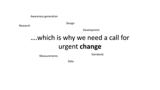 ….which is why we need a call for
urgent change
Research
Awareness generation
Design
Development
Measurements
Standards
Data
 