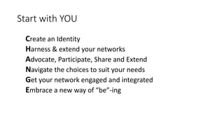 Start with YOU
Create an Identity
Harness & extend your networks
Advocate, Participate, Share and Extend
Navigate the choices to suit your needs
Get your network engaged and integrated
Embrace a new way of “be”-ing
 