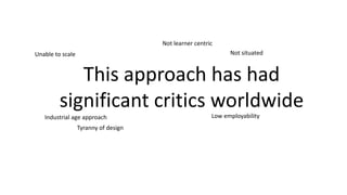 This approach has had
significant critics worldwide
Not learner centric
Unable to scale
Industrial age approach
Tyranny of design
Not situated
Low employability
 