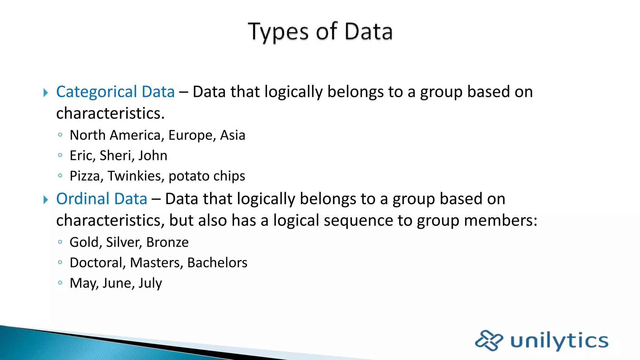  Categorical Data – Data that logically belongs to a group based on
characteristics.
◦ North America, Europe, Asia
◦ Eric, Sheri, John
◦ Pizza, Twinkies, potato chips
 Ordinal Data – Data that logically belongs to a group based on
characteristics, but also has a logical sequence to group members:
◦ Gold, Silver, Bronze
◦ Doctoral, Masters, Bachelors
◦ May, June, July
 