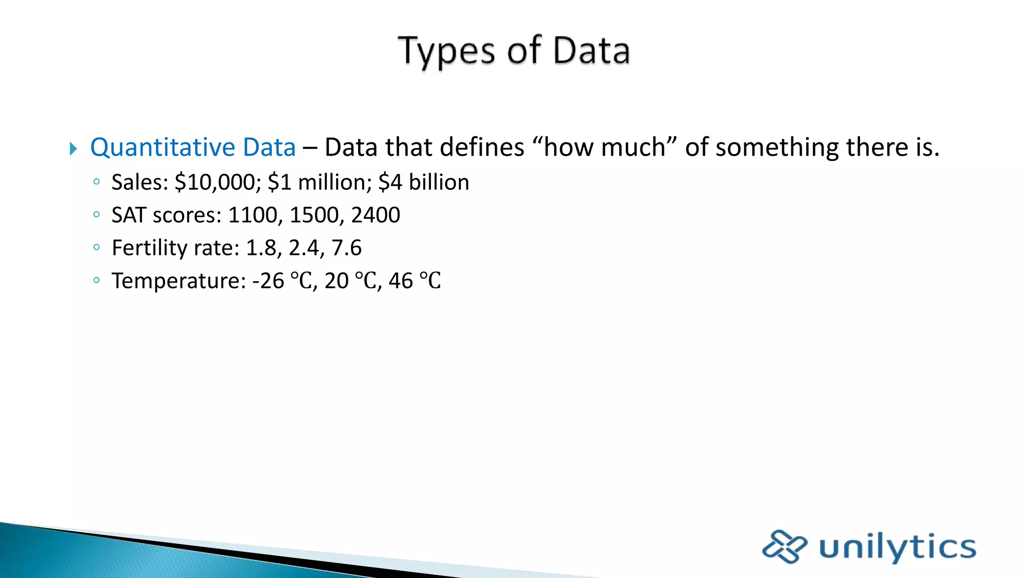  Quantitative Data – Data that defines “how much” of something there is.
◦ Sales: $10,000; $1 million; $4 billion
◦ SAT scores: 1100, 1500, 2400
◦ Fertility rate: 1.8, 2.4, 7.6
◦ Temperature: -26 ℃, 20 ℃, 46 ℃
 