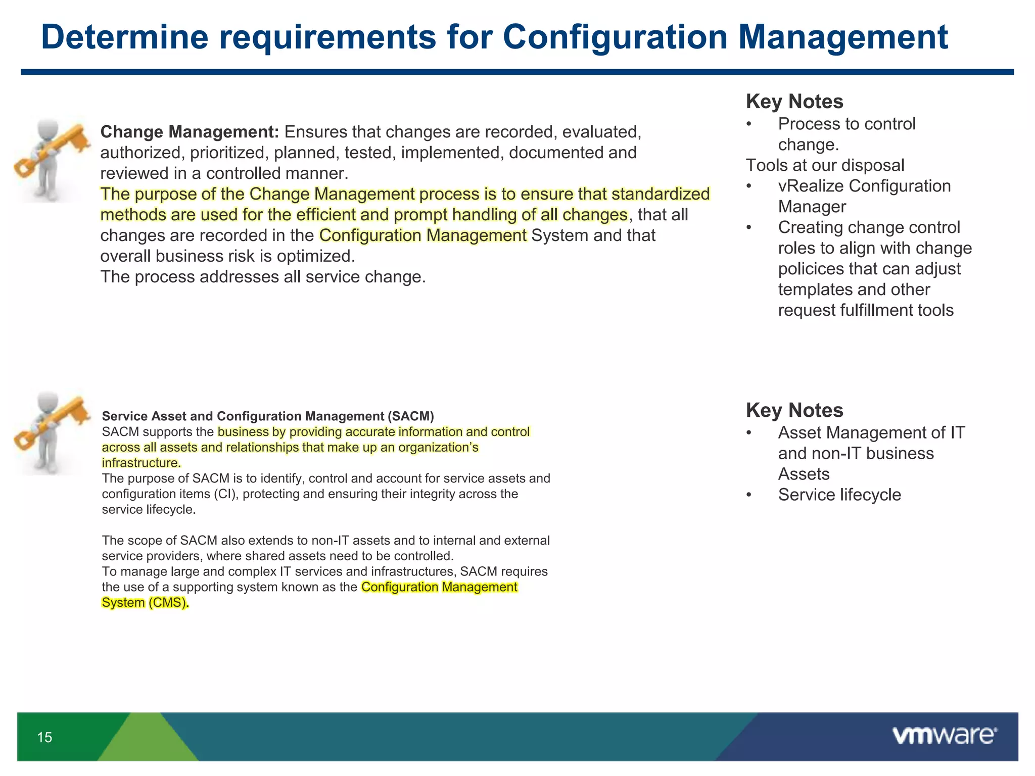 15
Determine requirements for Configuration Management
Change Management: Ensures that changes are recorded, evaluated,
authorized, prioritized, planned, tested, implemented, documented and
reviewed in a controlled manner.
The purpose of the Change Management process is to ensure that standardized
methods are used for the efficient and prompt handling of all changes, that all
changes are recorded in the Configuration Management System and that
overall business risk is optimized.
The process addresses all service change.
Service Asset and Configuration Management (SACM)
SACM supports the business by providing accurate information and control
across all assets and relationships that make up an organization’s
infrastructure.
The purpose of SACM is to identify, control and account for service assets and
configuration items (CI), protecting and ensuring their integrity across the
service lifecycle.
The scope of SACM also extends to non-IT assets and to internal and external
service providers, where shared assets need to be controlled.
To manage large and complex IT services and infrastructures, SACM requires
the use of a supporting system known as the Configuration Management
System (CMS).
Key Notes
• Process to control
change.
Tools at our disposal
• vRealize Configuration
Manager
• Creating change control
roles to align with change
policices that can adjust
templates and other
request fulfillment tools
Key Notes
• Asset Management of IT
and non-IT business
Assets
• Service lifecycle
 