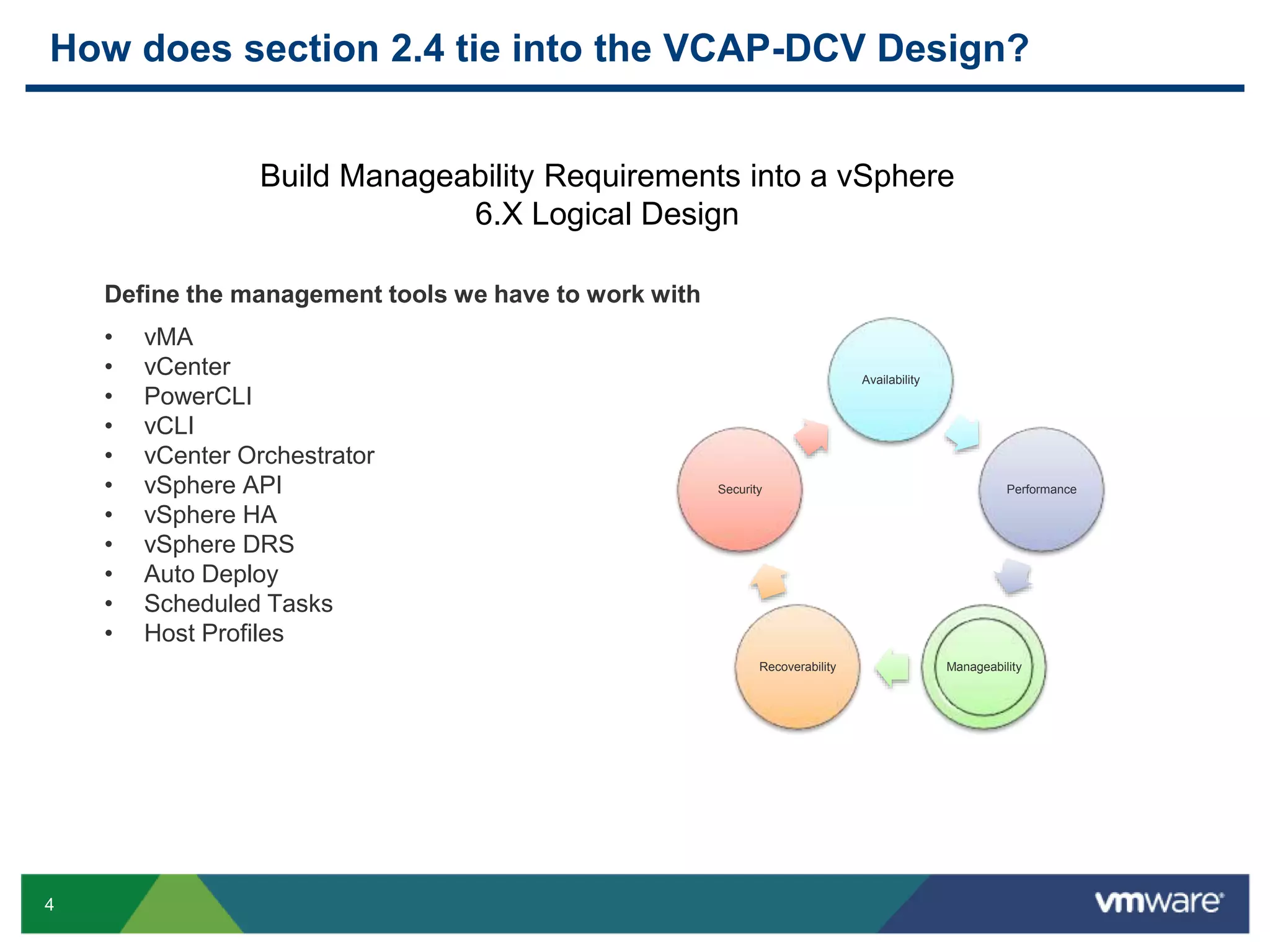 4
How does section 2.4 tie into the VCAP-DCV Design?
Build Manageability Requirements into a vSphere
6.X Logical Design
• vMA
• vCenter
• PowerCLI
• vCLI
• vCenter Orchestrator
• vSphere API
• vSphere HA
• vSphere DRS
• Auto Deploy
• Scheduled Tasks
• Host Profiles
Define the management tools we have to work with
Availability
Performance
ManageabilityRecoverability
Security
 