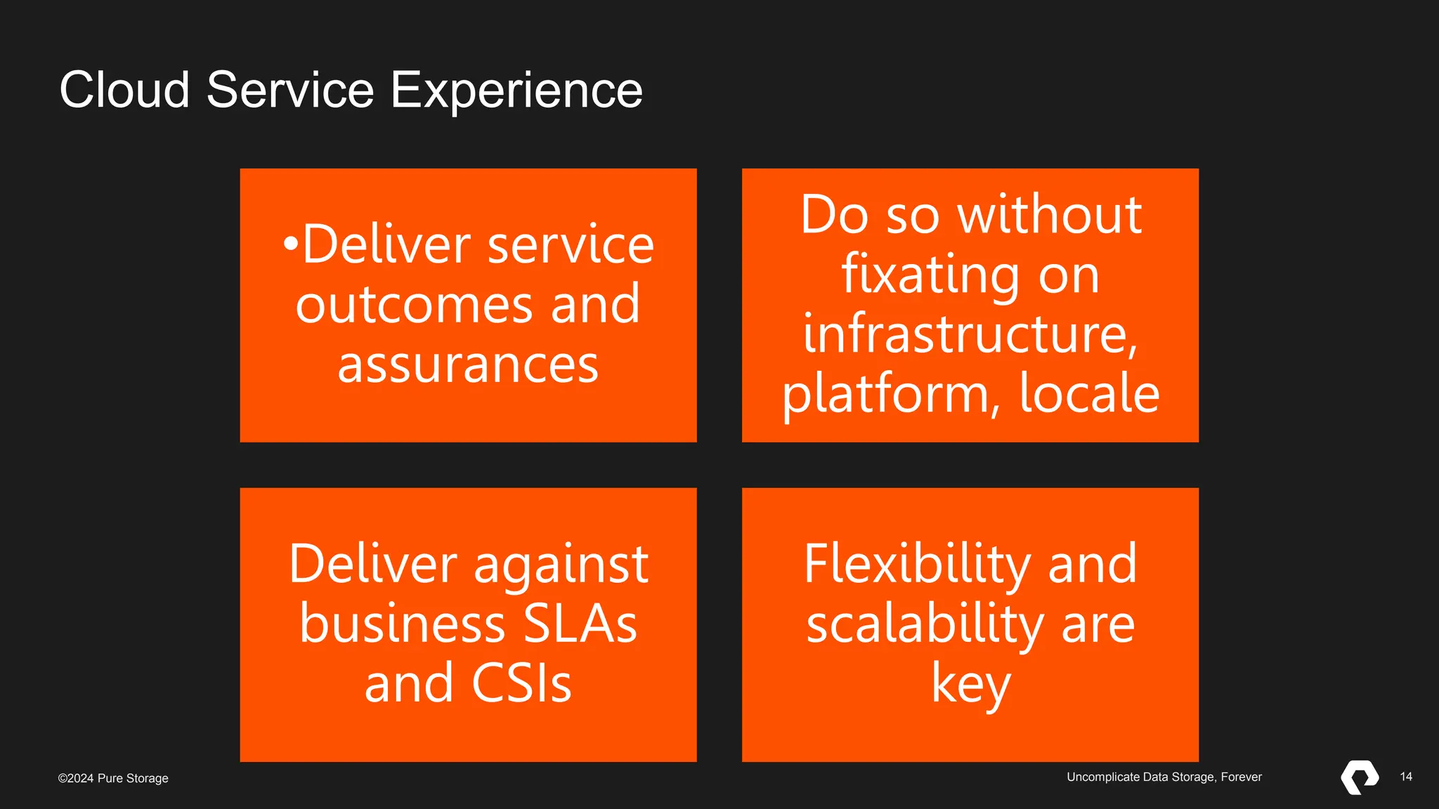 14
©2023 Pure Storage Uncomplicate Data Storage, Forever 14
©2024 Pure Storage Uncomplicate Data Storage, Forever
•Deliver service
outcomes and
assurances
Do so without
fixating on
infrastructure,
platform, locale
Deliver against
business SLAs
and CSIs
Flexibility and
scalability are
key
Cloud Service Experience
 