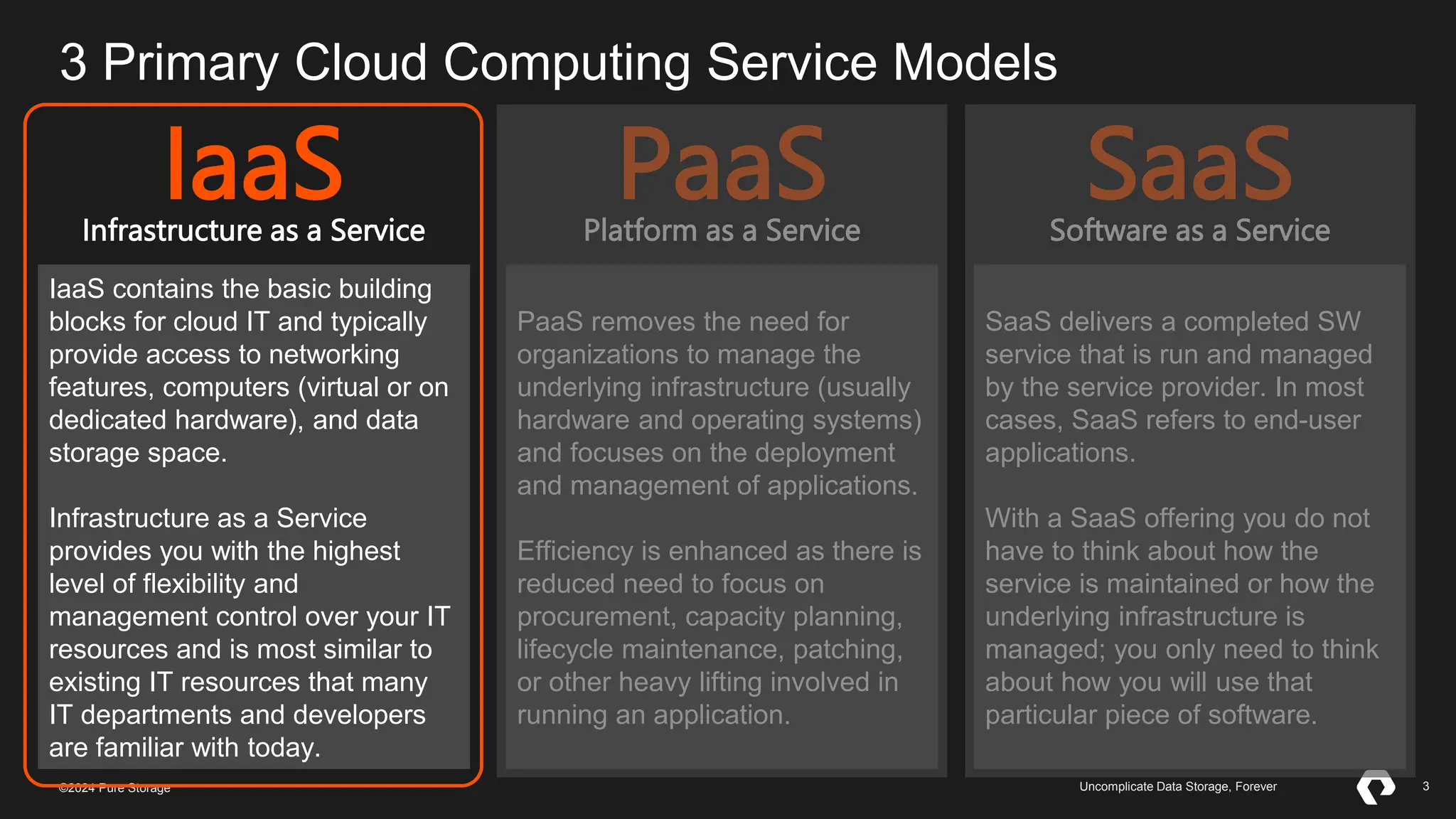 3
©2023 Pure Storage Uncomplicate Data Storage, Forever 3
©2024 Pure Storage Uncomplicate Data Storage, Forever
3 Primary Cloud Computing Service Models
IaaS contains the basic building
blocks for cloud IT and typically
provide access to networking
features, computers (virtual or on
dedicated hardware), and data
storage space.
Infrastructure as a Service
provides you with the highest
level of flexibility and
management control over your IT
resources and is most similar to
existing IT resources that many
IT departments and developers
are familiar with today.
PaaS removes the need for
organizations to manage the
underlying infrastructure (usually
hardware and operating systems)
and focuses on the deployment
and management of applications.
Efficiency is enhanced as there is
reduced need to focus on
procurement, capacity planning,
lifecycle maintenance, patching,
or other heavy lifting involved in
running an application.
SaaS delivers a completed SW
service that is run and managed
by the service provider. In most
cases, SaaS refers to end-user
applications.
With a SaaS offering you do not
have to think about how the
service is maintained or how the
underlying infrastructure is
managed; you only need to think
about how you will use that
particular piece of software.
Infrastructure as a Service
IaaS Platform as a Service
PaaS Software as a Service
SaaS
 