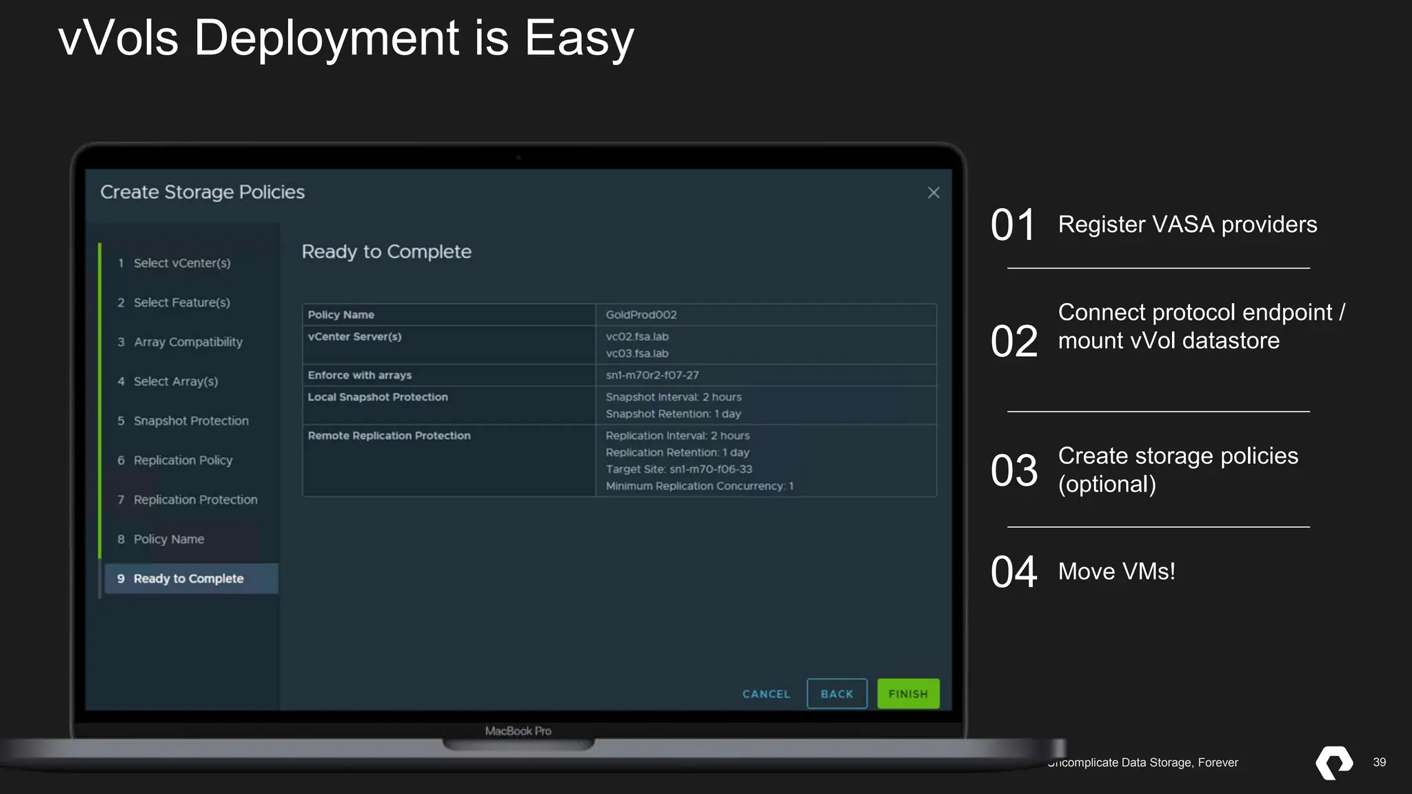 39
©2023 Pure Storage Uncomplicate Data Storage, Forever 39
©2024 Pure Storage Uncomplicate Data Storage, Forever
vVols Deployment is Easy
Register VASA providers
01
Connect protocol endpoint /
mount vVol datastore
02
Create storage policies
(optional)
03
Move VMs!
04
 