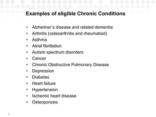 33
• Alzheimer’s disease and related dementia
• Arthritis (osteoarthritis and rheumatoid)
• Asthma
• Atrial fibrillation
• Autism spectrum disorders
• Cancer
• Chronic Obstructive Pulmonary Disease
• Depression
• Diabetes
• Heart failure
• Hypertension
• Ischemic heart disease
• Osteoporosis
Examples of eligible Chronic Conditions
 