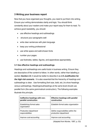 10
3 Writing your business report
Now that you have organised your thoughts, you need to put them into writing.
Ensure your writing demonstrates clarity and logic. You should think
constantly about your readers and make your report easy for them to read. To
achieve good readability, you should:
 use effective headings and subheadings
 structure your paragraphs well
 write clear sentences with plain language
 keep your writing professional
 use white space and well-chosen fonts
 number your pages
 use footnotes, tables, figures, and appendices appropriately.
3.1 Use effective headings and subheadings
Headings and subheadings are useful tools in business writing. Ensure they
are descriptive of the content to follow. In other words, rather than labelling a
section Section 2.5, it would be better to describe it as 2.5 Justification for
the high risk scenario. It is also essential that the hierarchy of headings and
subheadings is clear. Use formatting (font size, bold, etc.) to show headings
versus subheadings. Headings/subheadings at the same level should use
parallel form (the same grammatical construction). The following examples
illustrate this principle.
Ineffective headings with non-
parallel construction
Effective headings with parallel
construction
Establishing formal sales
organisation
Establish formal sales organisation
Production department
responsibilities
Define responsibilities within the
production department
Improve cost-accounting Improve cost accounting
(Adapted from Munter, 1997, p. 53)
 