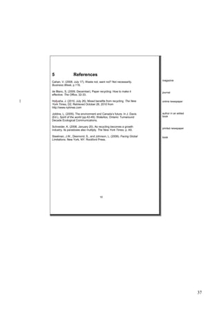37
5 References
Cahan, V. (2008, July 17). Waste not, want not? Not necessarily.
Business Week, p.116.
de Blanc, S. (2009, December). Paper recycling: How to make it
effective. The Office, 32-33.
Hollusha, J. (2010, July 26). Mixed benefits from recycling. The New
York Times, D2. Retrieved October 26, 2010 from
http://www.nytimes.com
Joldine, L. (2009). The environment and Canada’s future. In J. Davis
(Ed.), Spirit of the world (pp.42-49). Waterloo, Ontario: Turnaround
Decade Ecological Communications.
Schneider, K. (2008, January 20). As recycling becomes a growth
industry, its paradoxes also multiply. The New York Times, p. A5.
Steelman, J.W., Desmond, S., and Johnson, L. (2008). Facing Global
Limitations. New York, NY: Rockford Press.
10
magazine
journal
online newspaper
author in an edited
book
printed newspaper
book
 