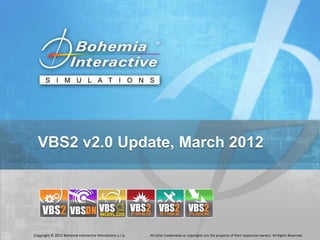 VBS2 v2.0 Update, March 2012




Copyright © 2012 Bohemia Interactive Simulations s.r.o.   All other trademarks or copyrights are the property of their respective owners. All Rights Reserved.
 