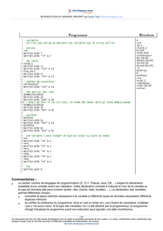 INTRODUCTION AU LANGAGE VBSCRIPT par Serge Tahé (tahe.developpez.com)




Commentaires :
•     un certain nombre de langages de programmation (C, C++, Pascal, Java, C#, ...) exigent la déclaration
      préalable d'une variable avant son utilisation. Cette déclaration consiste à indiquer le nom de la variable et
      le type de données elle peut contenir (entier, réel, chaîne, date, booléen, ...). La déclaration des variables
      permet différentes choses :
      •     connaître la place mémoire nécessaire à la variable si différents types de données nécessitent différents
            espaces mémoire
      •     de vérifier la cohérence du programme. Ainsi si i est un entier et c une chaîne de caractères, multiplier
            i par c n'à aucun sens. Si le type des variables i et c a été déclaré par le programmeur, le programme
            chargé d'analyser le programme avant son exécution peut signaler une telle incohérence.

                                                                     - 19 -
Ce document est issu de http://www.developpez.com et reste la propriété exclusive de son auteur. La copie, modification et/ou distribution par
quelque moyen que ce soit est soumise à l'obtention préalable de l'autorisation de l'auteur.
                                                     http://tahe.developpez.com/web/vbscript/
 