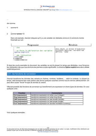 INTRODUCTION AU LANGAGE VBSCRIPT par Serge Tahé (tahe.developpez.com)




...

dim somme

1     somme=4

      ...
2     somme=smme+10

      Dans cet exemple, vbscript indiquera qu'il y a une variable non déclarée smme en 2) comme le montre
      l'exemple qui suit :




Si dans les courts exemples du document, les variables ne sont la plupart du temps pas déclarées, nous forcerons
leur déclaration dès que nous écrirons les premiers scripts significatifs. La directive Option explicit sera alors utilisée
systématiquement.

 II-H - les fonctions de conversion

Vbscript transforme les données des variants en chaînes, nombres, booléens, ... selon le contexte. La plupart du
temps, cela fonctionne bien mais parfois cela donne quelques surprises comme nous le verrons ultérieurement. On
peut alors vouloir "forcer" le type de donnée du variant.

VBscript possède des fonctions de conversion qui transforment une expression en divers types de données. En voici
quelques unes :

                  Fonction                                           Commentaire
           Cint (expression)             transforme expression en entier court (integer)
           Clng (expression)             transforme expression en entier long (long)
           Cdbl (expression)             transforme expression en réel double (double)
           Csng (expression)             transforme expression en réel simple (single)
           Ccur (expression)             transforme expression en donnée monétaire (currency)




Voici quelques exemples :




                                                                     - 23 -
Ce document est issu de http://www.developpez.com et reste la propriété exclusive de son auteur. La copie, modification et/ou distribution par
quelque moyen que ce soit est soumise à l'obtention préalable de l'autorisation de l'auteur.
                                                     http://tahe.developpez.com/web/vbscript/
 