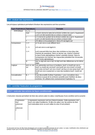 INTRODUCTION AU LANGAGE VBSCRIPT par Serge Tahé (tahe.developpez.com)




 II-M - évaluer des expressions

Les principaux opérateurs permettant d'évaluer des expressions sont les suivantes :

       Type d'opérateurs Opérateurs                                 Exemple
          Arithmétique   +,-,*,/
                         mod        a mod b donne le reste de la division entière de a par b. Auparavant
                                    a et b ont été transformés en entiers si besoin était.
                                   a  b donne le quotient de la division entière de a par b. Auparavant
                                    a et b ont été transformés en entiers si besoin était.
                         ^          a^b élève a à la puissance b. Ainsi a^2 est égal à a2
       Comparaison       <,<=       a<>b est vrai si a est différent de b

                                 >, >=            a=b est vrai si a est égal à b

                                 =,<>          a et b peuvent être tous deux des nombres ou tous deux des
                                               chaînes de caractères. Dans ce dernier cas, chaine1<chaine2
                                               si dans l'ordre alphabétique chaine1 précède chaine2. Dans la
                                               comparaison de chaînes, les majuscules précèdent les minuscules
                                               dans l'ordre alphabétique.
                                 is            obj1 is obj2 est vrai si obj1 et obj2 sont des références sur le même
                                               objet.
       Logique                   and, or, not, Les opérandes sont tous ici booléens. bool1 or bool2 est vrai si
                                 xor           bool1 ou bool2 est vrai bool1 and bool2 est vrai si bool1 et bool2
                                               sont vrais not bool1 est vrai si bool1 est faux et vice-versa bool1 xor
                                               bool2 est vrai si seulement un seul des booléens bool1, bool2 est
                                               vrai
       Concaténation             &, +          Il est déconseillé d'utiliser l'opérateur + pour concaténer deux
                                               chaînes à cause de la confusion possible avec l'addition de deux
                                               nombres. On utilisera donc exclusivement l'opérateur &.



 II-N - contrôler l'exécution du programme

 II-N-1 - exécuter des actions de façon conditionnelle

L'instruction vbscript permettant de faire des actions selon la valeur vraie/fausse d'une condition est la suivante :

               if expression         L'expression expression est tout d'abord évaluée. Cette expression doit
               then                  avoir une valeur booléenne. Si elle a la valeur vrai, les actions du then
               actionvrai-           sont exécutées sinon ce sont celles du else s'il est présent.
               1
               actionvrai-
               2




                                                                     - 31 -
Ce document est issu de http://www.developpez.com et reste la propriété exclusive de son auteur. La copie, modification et/ou distribution par
quelque moyen que ce soit est soumise à l'obtention préalable de l'autorisation de l'auteur.
                                                     http://tahe.developpez.com/web/vbscript/
 