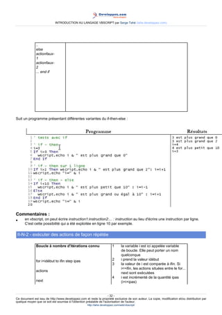 INTRODUCTION AU LANGAGE VBSCRIPT par Serge Tahé (tahe.developpez.com)




               ..
               else
               actionfaux-
               1
               actionfaux-
               2
               ... end if




Suit un programme présentant différentes variantes du if-then-else :




Commentaires :
•     en vbscript, on peut écrire instruction1:instruction2:... : instruction au lieu d'écrire une instruction par ligne.
      C'est cette possibilité qui a été exploitée en ligne 10 par exemple.

 II-N-2 - exécuter des actions de façon répétée

               Boucle à nombre d'itérations connu                        1       la variable i est ici appelée variable
                                                                                 de boucle. Elle peut porter un nom
                                                                                 quelconque
               for i=idébut to ifin step ipas                            2       i prend la valeur idébut
                                                                         3       la valeur de i est comparée à ifin. Si
                                                                                 i<=ifin, les actions situées entre le for...
               actions
                                                                                 next sont exécutées
                                                                         4       i est incrémenté de la quantité ipas
               next                                                              (i=i+ipas)


                                                                     - 32 -
Ce document est issu de http://www.developpez.com et reste la propriété exclusive de son auteur. La copie, modification et/ou distribution par
quelque moyen que ce soit est soumise à l'obtention préalable de l'autorisation de l'auteur.
                                                     http://tahe.developpez.com/web/vbscript/
 