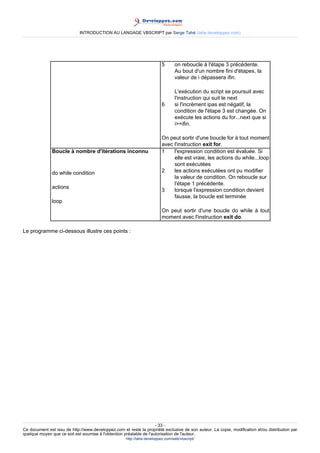 INTRODUCTION AU LANGAGE VBSCRIPT par Serge Tahé (tahe.developpez.com)




                                                                         5       on reboucle à l'étape 3 précédente.
                                                                                 Au bout d'un nombre fini d'étapes, la
                                                                                 valeur de i dépassera ifin.

                                                                                 L'exécution du script se poursuit avec
                                                                                 l'instruction qui suit le next
                                                                         6       si l'incrément ipas est négatif, la
                                                                                 condition de l'étape 3 est changée. On
                                                                                 exécute les actions du for...next que si
                                                                                 i>=ifin.

                                                                         On peut sortir d'une boucle for à tout moment
                                                                         avec l'instruction exit for.
               Boucle à nombre d'itérations inconnu                      1    l'expression condition est évaluée. Si
                                                                              elle est vraie, les actions du while...loop
                                                                              sont exécutées
               do while condition                                        2    les actions exécutées ont pu modifier
                                                                              la valeur de condition. On reboucle sur
                                                                              l'étape 1 précédente.
               actions
                                                                         3    lorsque l'expression condition devient
                                                                              fausse, la boucle est terminée
               loop
                                                                         On peut sortir d'une boucle do while à tout
                                                                         moment avec l'instruction exit do.

Le programme ci-dessous illustre ces points :




                                                                     - 33 -
Ce document est issu de http://www.developpez.com et reste la propriété exclusive de son auteur. La copie, modification et/ou distribution par
quelque moyen que ce soit est soumise à l'obtention préalable de l'autorisation de l'auteur.
                                                     http://tahe.developpez.com/web/vbscript/
 