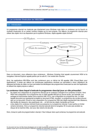INTRODUCTION AU LANGAGE VBSCRIPT par Serge Tahé (tahe.developpez.com)




 I - Les contextes d'exécution de VBSCRIPT

 I-A - Introduction

Un programme vbscript ne s'exécute pas directement sous Windows mais dans un conteneur qui lui fournit un
contexte d'exécution et un certain nombre d'objets qui lui sont propres. Par ailleurs, le programme vbscript peut
utiliser des objets mis à sa disposition par le système Windows, objets appelés objets ActiveX.




Dans ce document, nous utiliserons deux conteneurs : Windows Scripting Host appelé couramment WSH et le
navigateur Internet Explorer appelé parfois par la suite IE. Il en existe bien d'autres.

Ainsi, les applications MS-Office sont des conteneurs pour un dérivé de VB appelée VBA (Visual Basic pour
Applications). Il existe par ailleurs de nombreuses applications windows qui permettent a leurs utilisateurs de
dépasser les limites de celle-ci en leur permettant de développer des programmes s'exécutant au sein de l'application
et utilisant les objets propres a celle-ci.

Le conteneur dans lequel s'exécute le programme vbscript joue un rôle primordial :
•     les objets mis à disposition du programme vbscript par le conteneur changent d'un conteneur à l'autre. Ainsi
      WSH met à disposition d'un programme vbs un objet appellé WScript qui donne accès, par exemple, aux
      partages et imprimantes réseau de la machine hôte. IE lui, met a disposition du programme vbs, un objet
      appelé document qui représente la totalité du document HTML visualisé. Le programme vbs va alors pouvoir
      agir sur ce document. Excel lui met a disposition d'un programme VBA des objets représentant des classeurs,
      des feuilles de classeurs, des graphiques, etc.... en fait tous les objets manipulés par Excel.
•     si les objets d'un conteneur donnent toute sa puissance à un programme vbscript, il peut parfois en limiter
      certains domaines. Ainsi un programme vbscript exécuté dans le navigateur IE ne peut pas accéder au
      disque de la machine hôte, ceci pour des raisons de sécurité.

Donc, lorsqu'on parle de programmation vbscript, il faut indiquer dans quel conteneur le programme est exécuté.




                                                                      -4-
Ce document est issu de http://www.developpez.com et reste la propriété exclusive de son auteur. La copie, modification et/ou distribution par
quelque moyen que ce soit est soumise à l'obtention préalable de l'autorisation de l'auteur.
                                                     http://tahe.developpez.com/web/vbscript/
 
