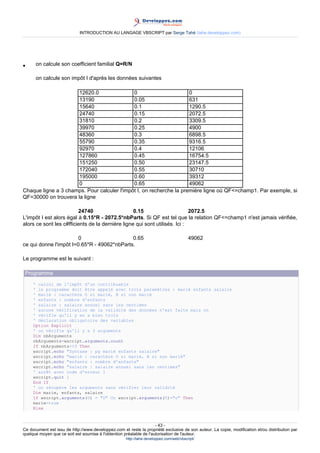 INTRODUCTION AU LANGAGE VBSCRIPT par Serge Tahé (tahe.developpez.com)




•     on calcule son coefficient familial Q=R/N

      on calcule son impôt I d'après les données suivantes

                      12620.0                0                       0
                      13190                  0.05                    631
                      15640                  0.1                     1290.5
                      24740                  0.15                    2072.5
                      31810                  0.2                     3309.5
                      39970                  0.25                    4900
                      48360                  0.3                     6898.5
                      55790                  0.35                    9316.5
                      92970                  0.4                     12106
                      127860                 0.45                    16754.5
                      151250                 0.50                    23147.5
                      172040                 0.55                    30710
                      195000                 0.60                    39312
                      0                      0.65                    49062
Chaque ligne a 3 champs. Pour calculer l'impôt I, on recherche la première ligne où QF<=champ1. Par exemple, si
QF=30000 on trouvera la ligne

                         24740                    0.15                      2072.5
L'impôt I est alors égal à 0.15*R - 2072.5*nbParts. Si QF est tel que la relation QF<=champ1 n'est jamais vérifiée,
alors ce sont les c#fficients de la dernière ligne qui sont utilisés. Ici :

                        0                    0.65                                        49062
ce qui donne l'impôt I=0.65*R - 49062*nbParts.

Le programme est le suivant :

 Programme
     ' calcul de l'impôt d'un contribuable
     ' le programme doit être appelé avec trois paramètres : marié enfants salaire
     ' marié : caractère O si marié, N si non marié
     ' enfants : nombre d'enfants
     ' salaire : salaire annuel sans les centimes
     ' aucune vérification de la validité des données n'est faite mais on
     ' vérifie qu'il y en a bien trois
     ' déclaration obligatoire des variables
     Option Explicit
     ' on vérifie qu'il y a 3 arguments
     Dim nbArguments
     nbArguments=wscript.arguments.count
     If nbArguments<>3 Then
     wscript.echo "Syntaxe : pg marié enfants salaire"
     wscript.echo "marié : caractère O si marié, N si non marié"
     wscript.echo "enfants : nombre d'enfants"
     wscript.echo "salaire : salaire annuel sans les centimes"
     ' arrêt avec code d'erreur 1
     wscript.quit 1
     End If
     ' on récupère les arguments sans vérifier leur validité
     Dim marie, enfants, salaire
     If wscript.arguments(0) = "O" Or wscript.arguments(0)="o" Then
     marie=true
     Else



                                                                     - 43 -
Ce document est issu de http://www.developpez.com et reste la propriété exclusive de son auteur. La copie, modification et/ou distribution par
quelque moyen que ce soit est soumise à l'obtention préalable de l'autorisation de l'auteur.
                                                     http://tahe.developpez.com/web/vbscript/
 
