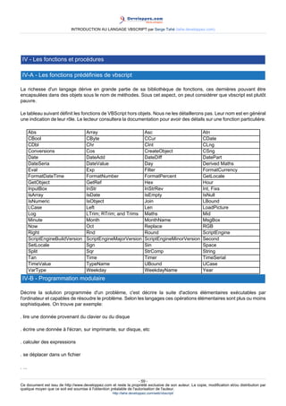INTRODUCTION AU LANGAGE VBSCRIPT par Serge Tahé (tahe.developpez.com)




 IV - Les fonctions et procédures

 IV-A - Les fonctions prédéfinies de vbscript

La richesse d'un langage dérive en grande partie de sa bibliothèque de fonctions, ces dernières pouvant être
encapsulées dans des objets sous le nom de méthodes. Sous cet aspect, on peut considérer que vbscript est plutôt
pauvre.

Le tableau suivant définit les fonctions de VBScript hors objets. Nous ne les détaillerons pas. Leur nom est en général
une indication de leur rôle. Le lecteur consultera la documentation pour avoir des détails sur une fonction particulière.

        Abs                           Array                              Asc                             Atn
        CBool                         CByte                              CCur                            CDate
        CDbl                          Chr                                CInt                            CLng
        Conversions                   Cos                                CreateObject                    CSng
        Date                          DateAdd                            DateDiff                        DatePart
        DateSeria                     DateValue                          Day                             Derived Maths
        Eval                          Exp                                Filter                          FormatCurrency
        FormatDateTime                FormatNumber                       FormatPercent                   GetLocale
        GetObject                     GetRef                             Hex                             Hour
        InputBox                      InStr                              InStrRev                        Int, Fixs
        IsArray                       IsDate                             IsEmpty                         IsNull
        IsNumeric                     IsObject                           Join                            LBound
        LCase                         Left                               Len                             LoadPicture
        Log                           LTrim; RTrim; and Trims            Maths                           Mid
        Minute                        Month                              MonthName                       MsgBox
        Now                           Oct                                Replace                         RGB
        Right                         Rnd                                Round                           ScriptEngine
        ScriptEngineBuildVersion      ScriptEngineMajorVersion           ScriptEngineMinorVersion        Second
        SetLocale                     Sgn                                Sin                             Space
        Split                         Sqr                                StrComp                         String
        Tan                           Time                               Timer                           TimeSerial
        TimeValue                     TypeName                           UBound                          UCase
        VarType                       Weekday                            WeekdayName                     Year
 IV-B - Programmation modulaire

Décrire la solution programmée d'un problème, c'est décrire la suite d'actions élémentaires exécutables par
l'ordinateur et capables de résoudre le problème. Selon les langages ces opérations élémentaires sont plus ou moins
sophistiquées. On trouve par exemple:

. lire une donnée provenant du clavier ou du disque

. écrire une donnée à l'écran, sur imprimante, sur disque, etc

. calculer des expressions

. se déplacer dans un fichier

. ...

                                                                     - 59 -
Ce document est issu de http://www.developpez.com et reste la propriété exclusive de son auteur. La copie, modification et/ou distribution par
quelque moyen que ce soit est soumise à l'obtention préalable de l'autorisation de l'auteur.
                                                     http://tahe.developpez.com/web/vbscript/
 
