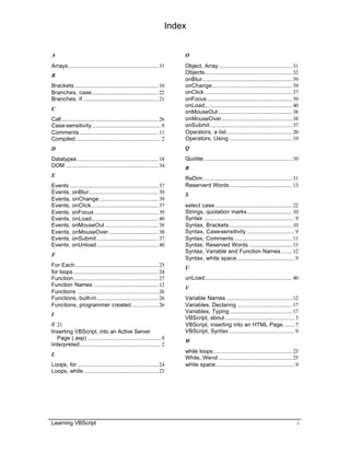 Index
Learning VBScript i
A
Arrays......................................................................31
B
Brackets .................................................................10
Branches, case....................................................22
Branches, if...........................................................21
C
Call...........................................................................26
Case-sensitivity......................................................9
Comments .............................................................11
Compiled ..................................................................2
D
Datatypes...............................................................18
DOM ........................................................................34
E
Events .....................................................................37
Events, onBlur......................................................39
Events, onChange..............................................39
Events, onClick....................................................37
Events, onFocus..................................................39
Events, onLoad....................................................40
Events, onMouseOut .........................................38
Events, onMouseOver.......................................38
Events, onSubmit................................................37
Events, onUnload................................................40
F
For Each.................................................................25
for loops..................................................................24
Function..................................................................27
Function Names ..................................................12
Functions ...............................................................26
Functions, built-in................................................26
Functions, programmer created.....................26
I
if 21
Inserting VBScript, into an Active Server
Page (.asp) .........................................................8
Interpreted...............................................................2
L
Loops, for ...............................................................24
Loops, while ..........................................................23
O
Object, Array .........................................................31
Objects....................................................................32
onBlur......................................................................39
onChange..............................................................39
onClick ....................................................................37
onFocus..................................................................39
onLoad....................................................................40
onMouseOut .........................................................38
onMouseOver.......................................................38
onSubmit................................................................37
Operators, a list...................................................20
Operators, Using .................................................19
Q
Quotes ....................................................................10
R
ReDim .....................................................................31
Reserverd Words ................................................13
S
select case............................................................22
Strings, quotation marks...................................10
Syntax .......................................................................9
Syntax, Brackets.................................................10
Syntax, Case-sensitivity .....................................9
Syntax, Comments .............................................11
Syntax, Reserved Words .................................13
Syntax, Variable and Function Names ........12
Syntax, white space.............................................9
U
unLoad....................................................................40
V
Variable Names ...................................................12
Variables, Declaring ...........................................17
Variables, Typing ................................................17
VBScript, about ......................................................3
VBScript, inserting into an HTML Page.........7
VBScript, Syntax ...................................................9
W
while loops.............................................................23
While, Wend .........................................................25
white space .............................................................9
 