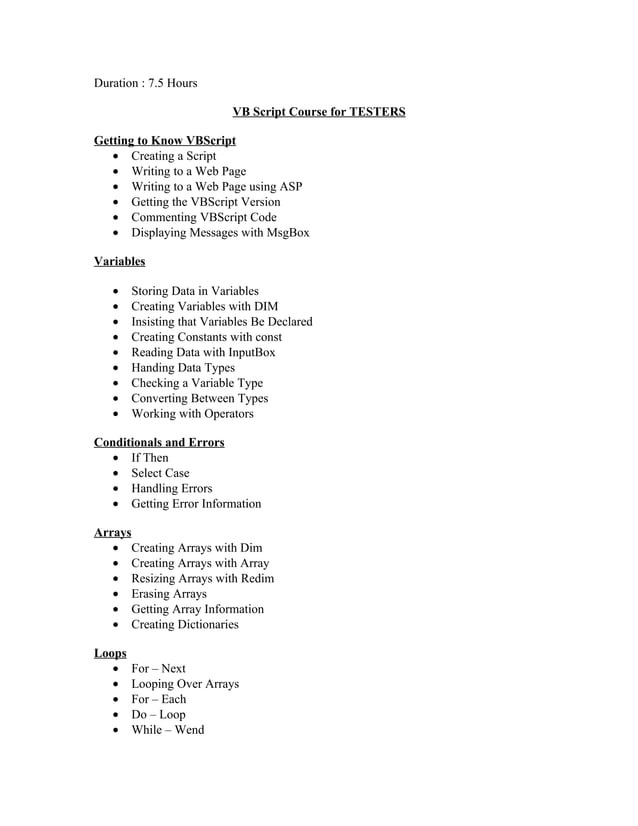 Vb Script Course For Qa | DOC | Web Development | Internet