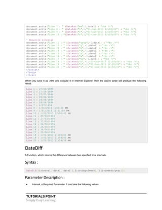 TUTORIALS POINT
Simply Easy Learning
document.write("Line 7 : " &DateAdd("ww",1,date1) & "<br />")
document.write("Line 8 : " &DateAdd("h",1,"01-Jan-2013 12:00:00") & "<br />")
document.write("Line 9 : " &DateAdd("n",1,"01-Jan-2013 12:00:00") & "<br />")
document.write("Line 10 : "&DateAdd("s",1,"01-Jan-2013 12:00:00") & "<br />")
' Negative Interval
document.write("Line 11 : " &DateAdd("yyyy",-1,date1) & "<br />")
document.write("Line 12 : " &DateAdd("q",-1,date1) & "<br />")
document.write("Line 13 : " &DateAdd("m",-1,date1) & "<br />")
document.write("Line 14 : " &DateAdd("y",-1,date1) & "<br />")
document.write("Line 15 : " &DateAdd("d",-1,date1) & "<br />")
document.write("Line 16 : " &DateAdd("w",-1,date1) & "<br />")
document.write("Line 17 : " &DateAdd("ww",-1,date1) & "<br />")
document.write("Line 18 : " &DateAdd("h",-1,"01-Jan-2013 12:00:00") & "<br />")
document.write("Line 19 : " &DateAdd("n",-1,"01-Jan-2013 12:00:00") & "<br />")
document.write("Line 20 : " &DateAdd("s",-1,"01-Jan-2013 12:00:00") & "<br />")
</script>
</body>
</html>
When you save it as .html and execute it in Internet Explorer, then the above script will produce the following
result:
Line 1 : 27/06/1895
Line 2 : 27/09/1894
Line 3 : 27/07/1894
Line 4 : 28/06/1894
Line 5 : 28/06/1894
Line 6 : 28/06/1894
Line 7 : 4/07/1894
Line 8 : 1/01/2013 1:00:00 PM
Line 9 : 1/01/2013 12:01:00 PM
Line 10 : 1/01/2013 12:00:01 PM
Line 11 : 27/06/1893
Line 12 : 27/03/1894
Line 13 : 27/05/1894
Line 14 : 26/06/1894
Line 15 : 26/06/1894
Line 16 : 26/06/1894
Line 17 : 20/06/1894
Line 18 : 1/01/2013 11:00:00 AM
Line 19 : 1/01/2013 11:59:00 AM
Line 20 : 1/01/2013 11:59:59 AM
DateDiff
A Function, which returns the difference between two specified time intervals.
Syntax :
DateDiff(interval, date1, date2 [,firstdayofweek[, firstweekofyear]])
Parameter Description :
 Interval, a Required Parameter. It can take the following values:
 