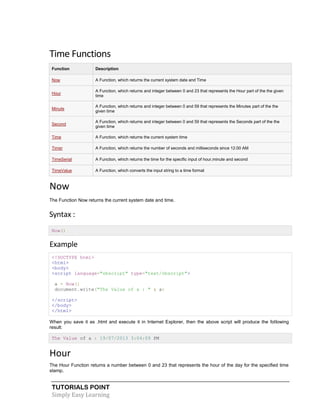 TUTORIALS POINT
Simply Easy Learning
Time Functions
Function Description
Now A Function, which returns the current system date and Time
Hour
A Function, which returns and integer between 0 and 23 that represents the Hour part of the the given
time
Minute
A Function, which returns and integer between 0 and 59 that represents the Minutes part of the the
given time
Second
A Function, which returns and integer between 0 and 59 that represents the Seconds part of the the
given time
Time A Function, which returns the current system time
Timer A Function, which returns the number of seconds and milliseconds since 12:00 AM
TimeSerial A Function, which returns the time for the specific input of hour,minute and second
TimeValue A Function, which converts the input string to a time format
Now
The Function Now returns the current system date and time.
Syntax :
Now()
Example
<!DOCTYPE html>
<html>
<body>
<script language="vbscript" type="text/vbscript">
a = Now()
document.write("The Value of a : " & a)
</script>
</body>
</html>
When you save it as .html and execute it in Internet Explorer, then the above script will produce the following
result:
The Value of a : 19/07/2013 3:04:09 PM
Hour
The Hour Function returns a number between 0 and 23 that represents the hour of the day for the specified time
stamp.
 