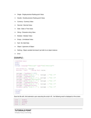 TUTORIALS POINT
Simply Easy Learning
 Single - Single-precision floating-point Value
 Double - Double-precision floating-point Value
 Currency - Currency Value
 Decimal - Decimal Value
 Date - Date or Time Value
 String - Character string Value
 Boolean - Boolean Value
 Empty - Unintialized Value
 Null - No Valid Data
 Object - typename of Object
 Nothing - Object variable that doesn't yet refer to an object instance
 Error
EXAMPLE :
<!DOCTYPE html>
<html>
<body>
<script language="vbscript" type="text/vbscript">
Dim ArrVar(2), vartype
NullVar = Null ' Assign Null value.
vartype = TypeName(3.1450)
Document.write "Line 1 : " & vartype & "<br />"
vartype = TypeName(432)
Document.write "Line 2 : " & vartype & "<br />"
vartype = TypeName("Microsoft")
Document.write "Line 3 : " & vartype & "<br />"
vartype = TypeName(NullVar)
Document.write "Line 4 : " & vartype & "<br />"
vartype = TypeName(ArrVar)
Document.write "Line 5 : " & vartype & "<br />"
</script>
</body>
</html>
Save the file with .html extenstion upon executing the script in IE , the following result is displayed on the screen.
Line 1 : Double
Line 2 : Integer
Line 3 : String
Line 4 : Null
 