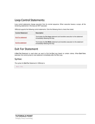 TUTORIALS POINT
Simply Easy Learning
Loop Control Statements:
Loop control statements change execution from its normal sequence. When execution leaves a scope, all the
remaining statements in the loop are NOT executed.
VBScript supports the following control statements. Click the following links to check their detail.
Control Statement Description
Exit For statement
Terminates the For loop statement and transfers execution to the statement
immediately following the loop
Exit Do statement
Terminates the Do While statement and transfers execution to the statement
immediately following the loop
Exit For Statement
A Exit For Statement is used when we want to Exit the For Loop based on certain criteria. When Exit Foris
executed, the control jumps to next statement immediately after the For Loop.
Syntax:
The syntax for Exit For Statement in VBScript is:
Exit For
 