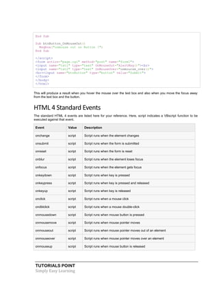 TUTORIALS POINT
Simply Easy Learning
End Sub
Sub btnButton_OnMouseOut()
Msgbox("onmouse out on Button !")
End Sub
</script>
<form action="page.cgi" method="post" name="form1">
<input name="txt1" type="text" OnMouseOut="AlertMsg()"><br>
<input name="txt2" type="text" OnMouseOver="onmourse_over()">
<br><input name="btnButton" type="button" value="Submit">
</form>
</body>
</html>
This will produce a result when you hover the mouse over the text box and also when you move the focus away
from the text box and the button.
HTML 4 Standard Events
The standard HTML 4 events are listed here for your reference. Here, script indicates a VBscript function to be
executed against that event.
Event Value Description
onchange script Script runs when the element changes
onsubmit script Script runs when the form is submitted
onreset script Script runs when the form is reset
onblur script Script runs when the element loses focus
onfocus script Script runs when the element gets focus
onkeydown script Script runs when key is pressed
onkeypress script Script runs when key is pressed and released
onkeyup script Script runs when key is released
onclick script Script runs when a mouse click
ondblclick script Script runs when a mouse double-click
onmousedown script Script runs when mouse button is pressed
onmousemove script Script runs when mouse pointer moves
onmouseout script Script runs when mouse pointer moves out of an element
onmouseover script Script runs when mouse pointer moves over an element
onmouseup script Script runs when mouse button is released
 