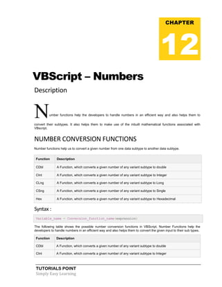 TUTORIALS POINT
Simply Easy Learning
VBScript – Numbers
Description
Number functions help the developers to handle numbers in an efficient way and also helps them to
convert their subtypes. It also helps them to make use of the inbuilt mathematical functions associated with
VBscript.
NUMBER CONVERSION FUNCTIONS
Number functions help us to convert a given number from one data subtype to another data subtype.
Function Description
CDbl A Function, which converts a given number of any variant subtype to double
CInt A Function, which converts a given number of any variant subtype to Integer
CLng A Function, which converts a given number of any variant subtype to Long
CSng A Function, which converts a given number of any variant subtype to Single
Hex A Function, which converts a given number of any variant subtype to Hexadecimal
Syntax :
Variable_name = Conversion_function_name(expression)
The following table shows the possible number conversion functions in VBScript. Number Functions help the
developers to handle numbers in an efficient way and also helps them to convert the given input to their sub types.
Function Description
CDbl A Function, which converts a given number of any variant subtype to double
CInt A Function, which converts a given number of any variant subtype to Integer
CHAPTER
12
 