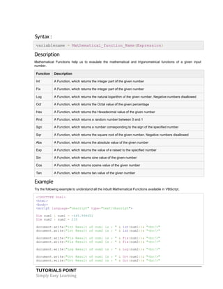 TUTORIALS POINT
Simply Easy Learning
Syntax :
variablename = Mathematical_function_Name(Expression)
Description
Mathematical Functions help us to evaulate the mathematical and trigonometrical functions of a given input
number.
Function Description
Int A Function, which returns the integer part of the given number
Fix A Function, which returns the integer part of the given number
Log A Function, which returns the natural logarithm of the given number. Negative numbers disallowed
Oct A Function, which returns the Octal value of the given percentage
Hex A Function, which returns the Hexadecimal value of the given number
Rnd A Function, which returns a random number between 0 and 1
Sgn A Function, which returns a number corresponding to the sign of the specified number
Sqr A Function, which returns the square root of the given number. Negative numbers disallowed
Abs A Function, which returns the absolute value of the given number
Exp A Function, which returns the value of e raised to the specified number
Sin A Function, which returns sine value of the given number
Cos A Function, which returns cosine value of the given number
Tan A Function, which returns tan value of the given number
Example
Try the following example to understand all the inbuilt Mathematical Functions available in VBScript.
<!DOCTYPE html>
<html>
<body>
<script language="vbscript" type="text/vbscript">
Dim num1 : num1 = -645.998651
Dim num2 : num2 = 210
document.write("int Result of num1 is : " & int(num1))& "<br/>"
document.write("int Result of num2 is : " & int(num2))& "<br/>"
document.write("Fix Result of num1 is : " & Fix(num1))& "<br/>"
document.write("Fix Result of num2 is : " & Fix(num2))& "<br/>"
document.write("Log Result of num2 is : " & Log(num2))& "<br/>"
document.write("Oct Result of num1 is : " & Oct(num1))& "<br/>"
document.write("Oct Result of num2 is : " & Oct(num2))& "<br/>"
 