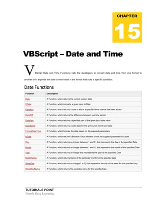 TUTORIALS POINT
Simply Easy Learning
VBScript – Date and Time
VBScript Date and Time Functions help the developers to convert date and time from one format to
another or to express the date or time value in the format that suits a specific condition.
Date Functions
Function Description
Date A Function, which returns the current system date
CDate A Function, which converts a given input to Date
DateAdd A Function, which returns a date to which a specified time interval has been added
DateDiff A Function, which returns the difference between two time period
DatePart A Function, which returns a specified part of the given input date value
DateSerial A Function, which returns a valid date for the given year,month and date
FormatDateTime A Function, which formats the date based on the supplied parameters
IsDate A Function, which returns a Boolean Value whether or not the supplied parameter is a date
Day A Function, which returns an integer between 1 and 31 that represents the day of the specified Date
Month A Function, which returns an integer between 1 and 12 that represents the month of the specified Date
Year A Function, which returns an integer that represents the year of the specified Date
MonthName A Function, which returns Name of the particular month for the specifed date
WeekDay A Function, which returns an integer(1 to 7) that represents the day of the week for the specified day.
WeekDayName A Function, which returns the weekday name for the specified day.
CHAPTER
15
 