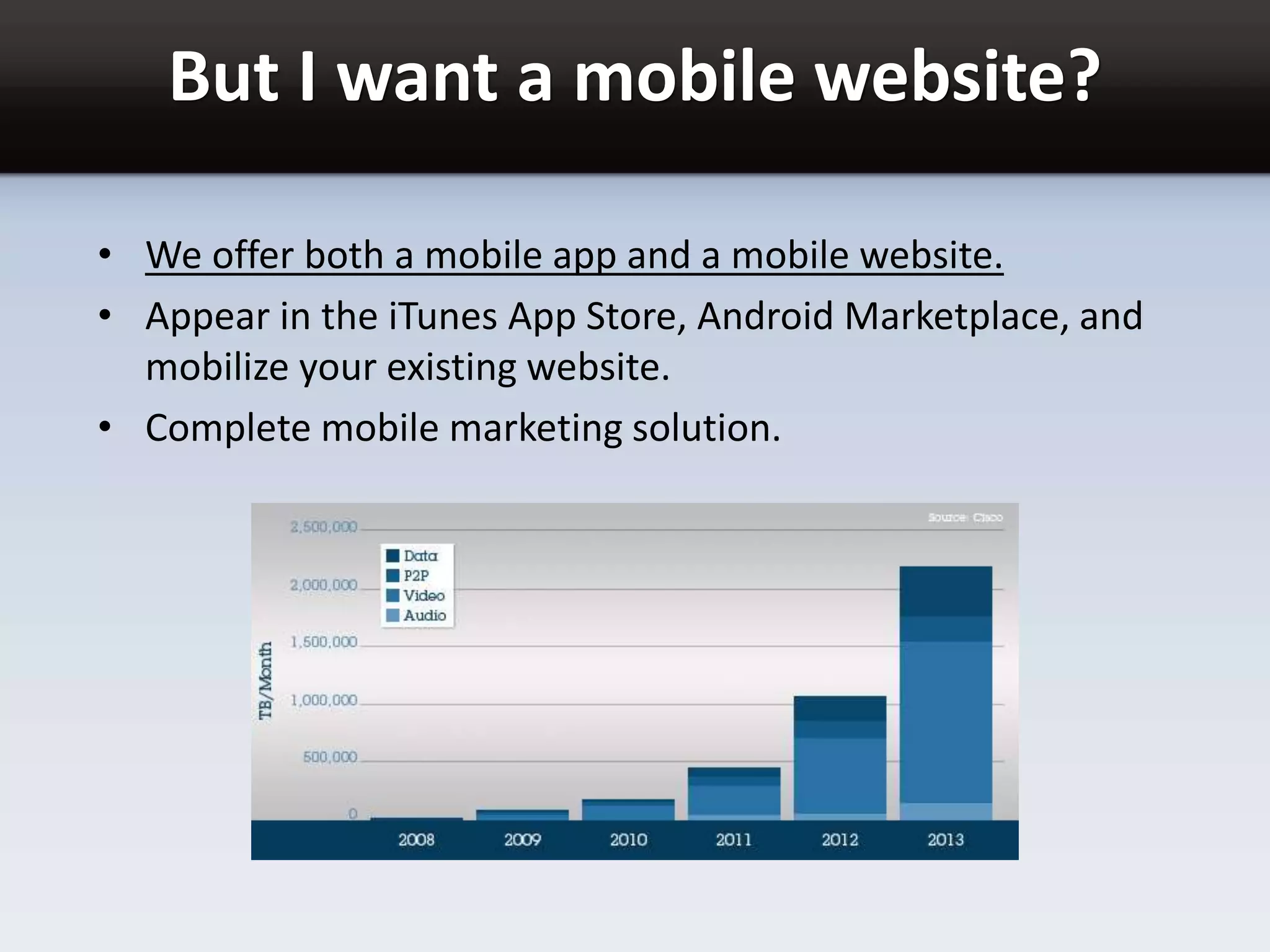 But I want a mobile website?
• We offer both a mobile app and a mobile website.
• Appear in the iTunes App Store, Android Marketplace, and
mobilize your existing website.
• Complete mobile marketing solution.
 