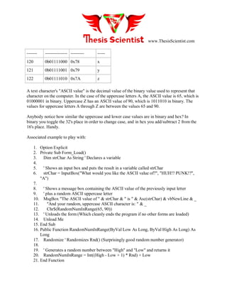 www.ThesisScientist.com
------- --------------- --------- -----
120 0b01111000 0x78 x
121 0b01111001 0x79 y
122 0b01111010 0x7A z
A text character's "ASCII value" is the decimal value of the binary value used to represent that
character on the computer. In the case of the uppercase letters A, the ASCII value is 65, which is
01000001 in binary. Uppercase Z has an ASCII value of 90, which is 1011010 in binary. The
values for uppercase letters A through Z are between the values 65 and 90.
Anybody notice how similar the uppercase and lower case values are in binary and hex? In
binary you toggle the 32's place in order to change case, and in hex you add/subtract 2 from the
16's place. Handy.
Associated example to play with:
1. Option Explicit
2. Private Sub Form_Load()
3. Dim strChar As String ' Declares a variable
4.
5. ' Shows an input box and puts the result in a variable called strChar
6. strChar = InputBox("What would you like the ASCII value of?", "HUH!? PUNK!?",
"A")
7.
8. ' Shows a message box containing the ASCII value of the previously input letter
9. ' plus a random ASCII uppercase letter
10. MsgBox "The ASCII value of " & strChar & " is " & Asc(strChar) & vbNewLine & _
11. "And your random, uppercase ASCII character is: " & _
12. Chr$(RandomNumInRange(65, 90))
13. ' Unloads the form (Which cleanly ends the program if no other forms are loaded)
14. Unload Me
15. End Sub
16. Public Function RandomNumInRange(ByVal Low As Long, ByVal High As Long) As
Long
17. Randomize ' Randomizes Rnd() (Surprisingly good random number generator)
18.
19. ' Generates a random number between "High" and "Low" and returns it
20. RandomNumInRange = Int((High - Low + 1) * Rnd) + Low
21. End Function
 
