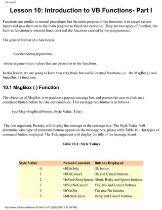 VB lesson7


     Lesson 10: Introduction to VB Functions- Part I
Functions are similar to normal procedures but the main purpose of the functions is to accept certain
inputs and pass them on to the main program to finish the execution. They are two types of function, the
built-in functions(or internal functions) and the functions created by the programmers.

The general format of a function is


        functionName(arguments)

where arguments are values that are passed on to the functions.

In this lesson, we are going to learn two very basic but useful internal functions, i.e. the MsgBox( ) and
InputBox ( ) functions.

10.1 MsgBox ( ) Function

The objective of MsgBox is to produce a pop-up message box and prompt the user to click on a
command button before he /she can continues. This message box format is as follows:

       yourMsg=MsgBox(Prompt, Style Value, Title)


 The first argument, Prompt, will display the message in the message box. The Style Value will
determine what type of command buttons appear on the message box, please refer Table 10.1 for types of
command button displayed. The Title argument will display the title of the message board.

                                                      Table 10.1: Style Values




              Style Value                               Named Constant Buttons Displayed
                                 0                      vbOkOnly           Ok button
                                 1                      vbOkCancel         Ok and Cancel buttons
                                 2                      vbAbortRetryIgnore Abort, Retry and Ignore buttons.
                                 3                      vbYesNoCancel      Yes, No and Cancel buttons
                                 4                      vbYesNo            Yes and No buttons
                                 5                      vbRetryCancel      Retry and Cancel buttons

 http://www.vbtutor.net/lesson10.html (1 of 7) [2/23/2003 1:57:04 PM]
 
