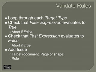 Loop through each Target Type
Check that Filter Expression evaluates to
True
 Abort if False
Check that Test Expression evaluates to
False
 Abort if True
Add Issue
 Target (document. Page or shape)
 Rule
 
