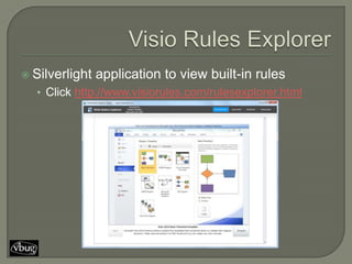  Silverlight   application to view built-in rules
  • Click http://www.visiorules.com/rulesexplorer.html
 