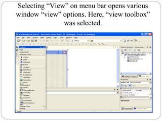 Selecting “View” on menu bar opens various
window “view” options. Here, “view toolbox”
was selected.
 