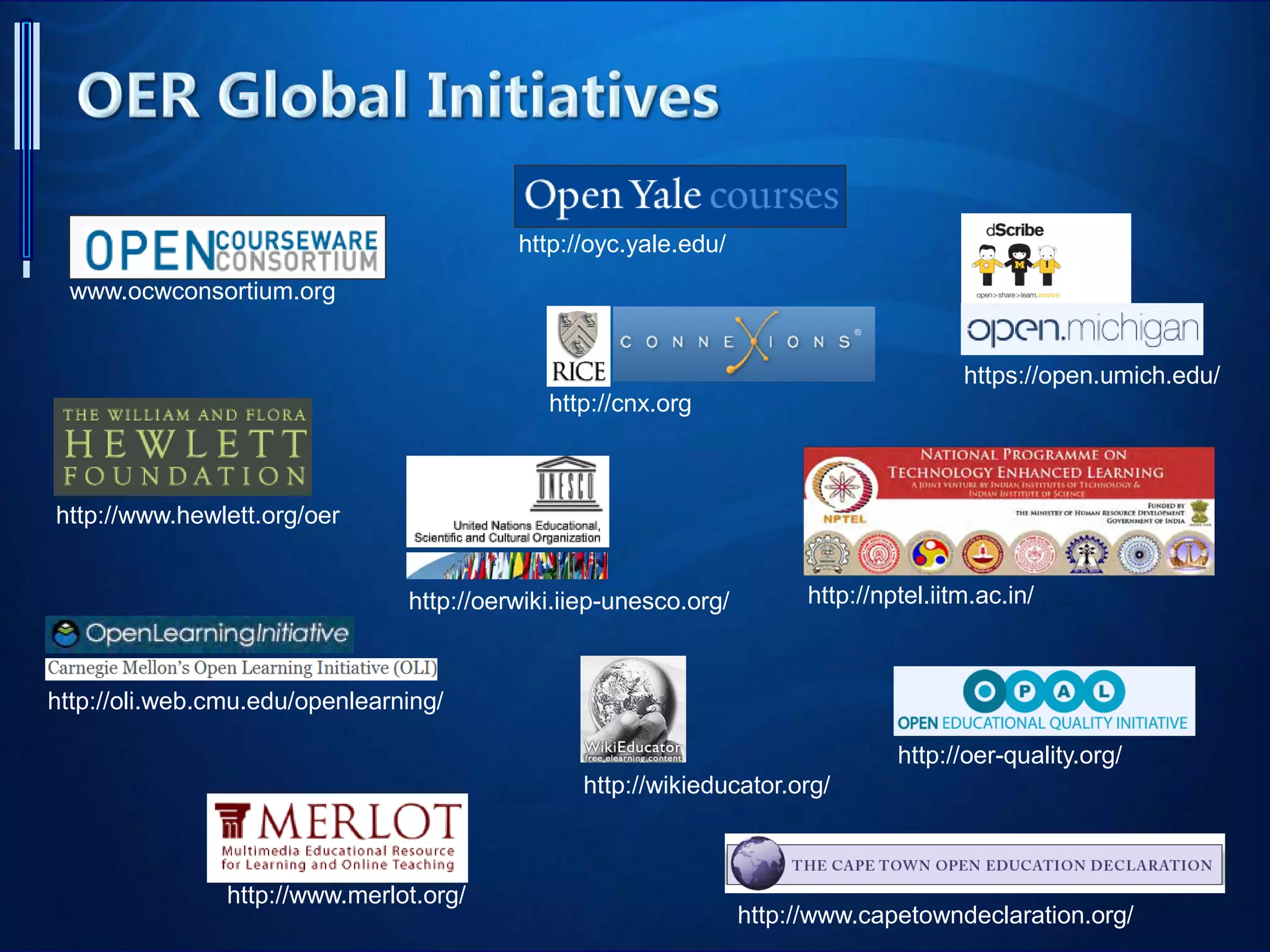 www.ocwconsortium.org
http://oyc.yale.edu/
http://oli.web.cmu.edu/openlearning/
http://nptel.iitm.ac.in/
http://cnx.org
http://oerwiki.iiep-unesco.org/
http://www.hewlett.org/oer
http://www.merlot.org/
http://www.capetowndeclaration.org/
http://oer-quality.org/
http://wikieducator.org/
https://open.umich.edu/
 