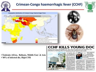 Endemic-Africa, Balkans, Middle East & Asia
40% of infected die, High CFR
Crimean-Congo haemorrhagic fever (CCHF)
 