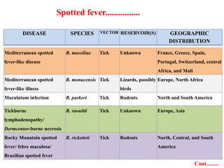 Mediterranean spotted
fever-like disease
R. massiliae Tick Unknown France, Greece, Spain,
Portugal, Switzerland, central
Africa, and Mali
Mediterranean spotted
fever-like illness
R. monacensis Tick Lizards, possibly
birds
Europe, North Africa
Maculatum infection R. parkeri Tick Rodents North and South America
Tickborne
lymphadenopathy/
Dermcentor-borne necrosis
R. raoultii Tick Unknown Europe, Asia
Rocky Mountain spotted
fever/ febre maculosa/
Brazilian spotted fever
R. rickettsii Tick Rodents North, Central, and South
America
DISEASE SPECIES VECTOR RESERVOIR(S) GEOGRAPHIC
DISTRIBUTION
Cont.........
Spotted fever................
 