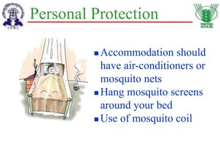 Personal Protection
 Accommodation should
have air-conditioners or
mosquito nets
 Hang mosquito screens
around your bed
 Use of mosquito coil
 